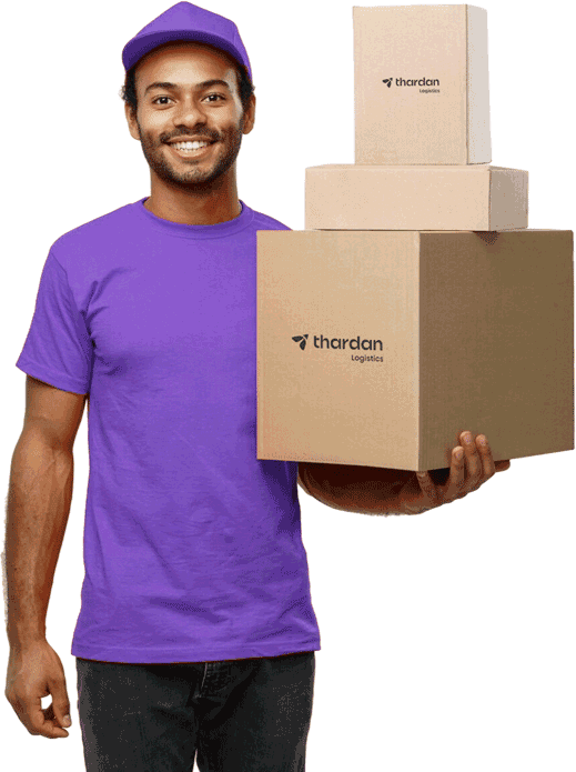 Thardan Logistics rider holding branded delivery boxes